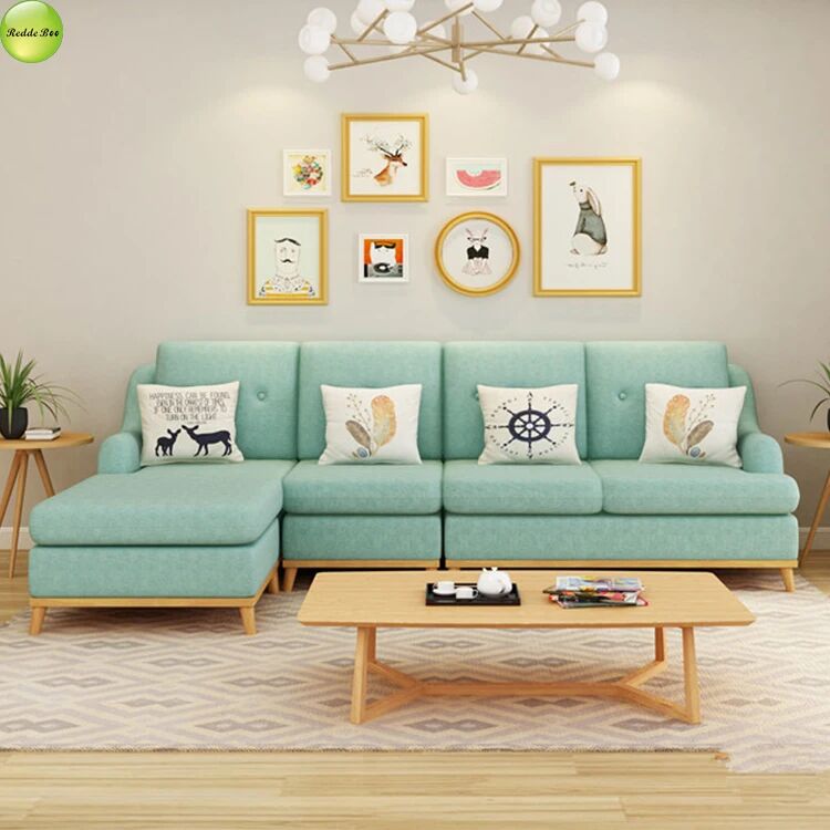 Aqua Fabric Sectional: Boho - Chic Accents, Wood Legs – Ideal for Whimsical, Art - Filled Modern Interiors
