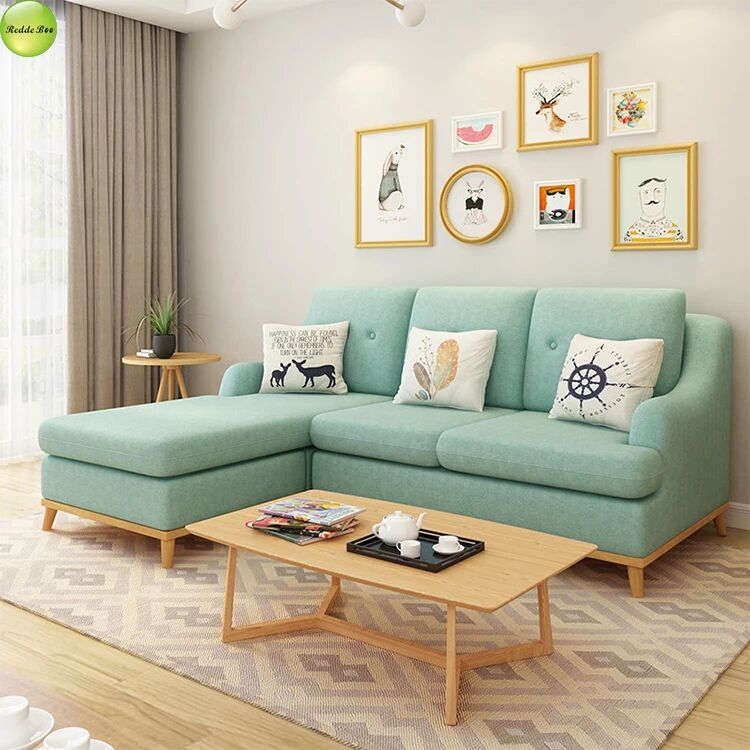 Aqua Fabric Sectional: Boho - Chic Accents, Wood Legs – Ideal for Whimsical, Art - Filled Modern Interiors
