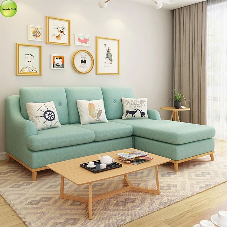 Aqua Fabric Sectional: Boho - Chic Accents, Wood Legs – Ideal for Whimsical, Art - Filled Modern Interiors