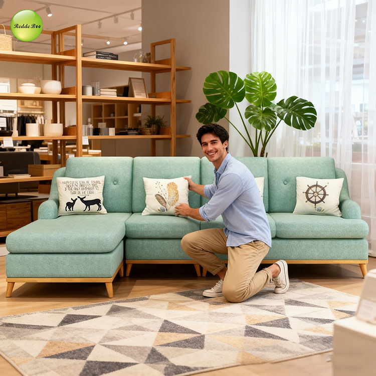 Aqua Fabric Sectional: Boho - Chic Accents, Wood Legs – Ideal for Whimsical, Art - Filled Modern Interiors