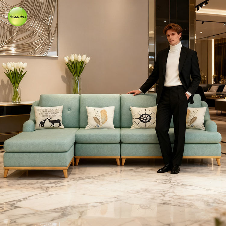 Aqua Fabric Sectional: Boho - Chic Accents, Wood Legs – Ideal for Whimsical, Art - Filled Modern Interiors