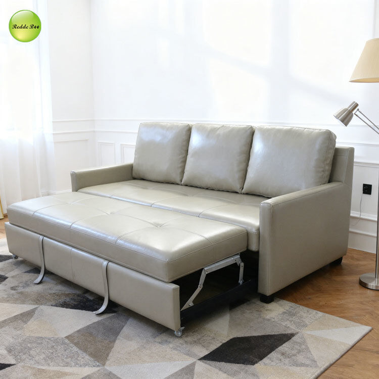 Modern PU Leather 3 Seater Living Room Sofa Convertible Sleeping Pull Out Sofa Bed Space-Saving For Small Apartment