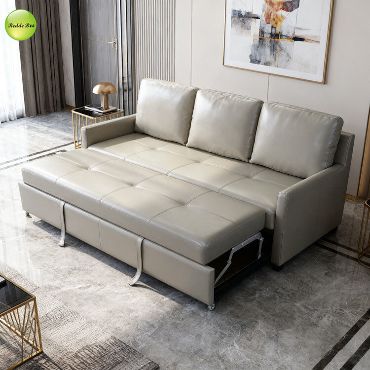 Modern PU Leather 3 Seater Living Room Sofa Convertible Sleeping Pull Out Sofa Bed Space-Saving For Small Apartment