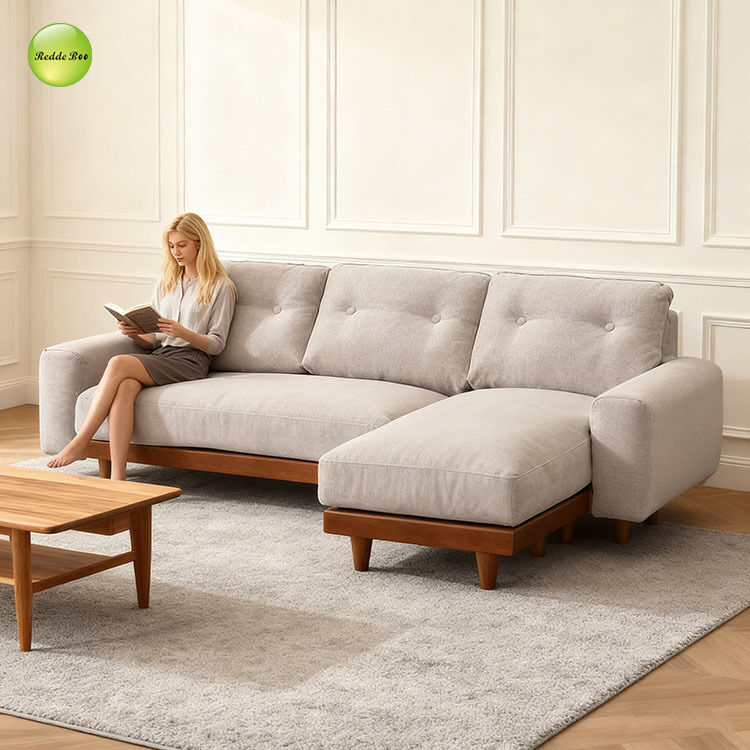 Light Neutral Sectional: Subtle Elegance, Wood Edge – A Smart Choice for Design-Forward Calm Interiors