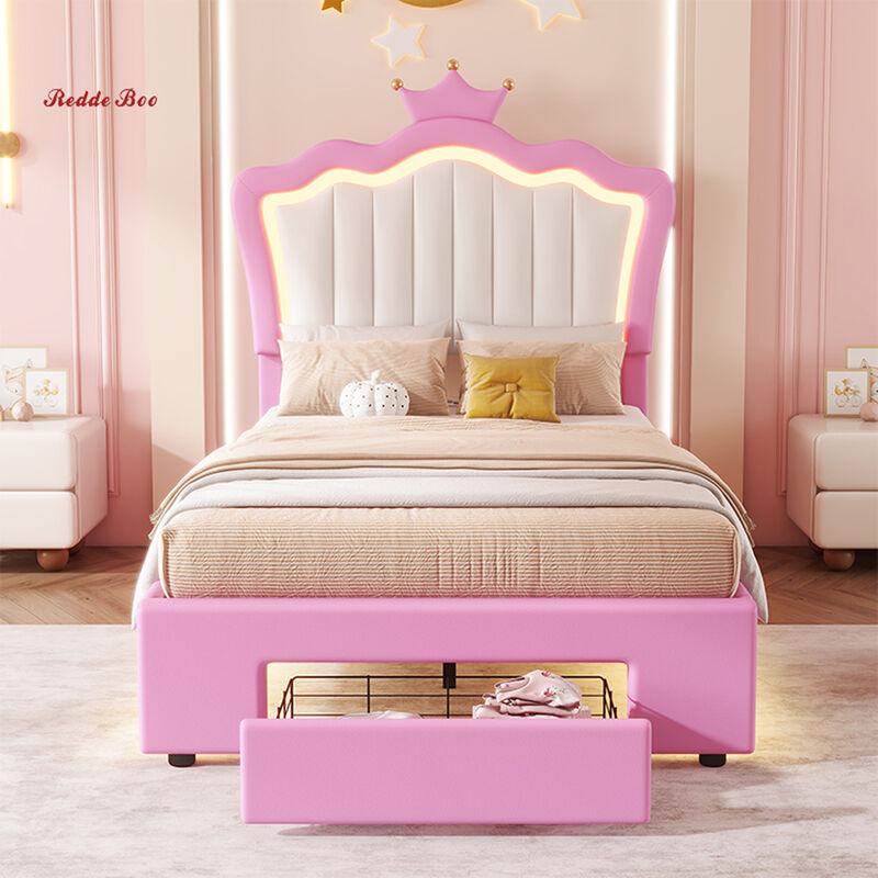 Pink Childrens Princess Bed Furniture With LED Lights Twin Size Pastel Friendly