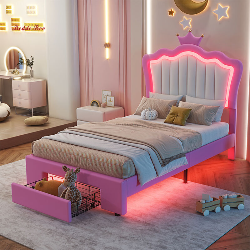 Pink Childrens Princess Bed Furniture With LED Lights Twin Size Pastel Friendly