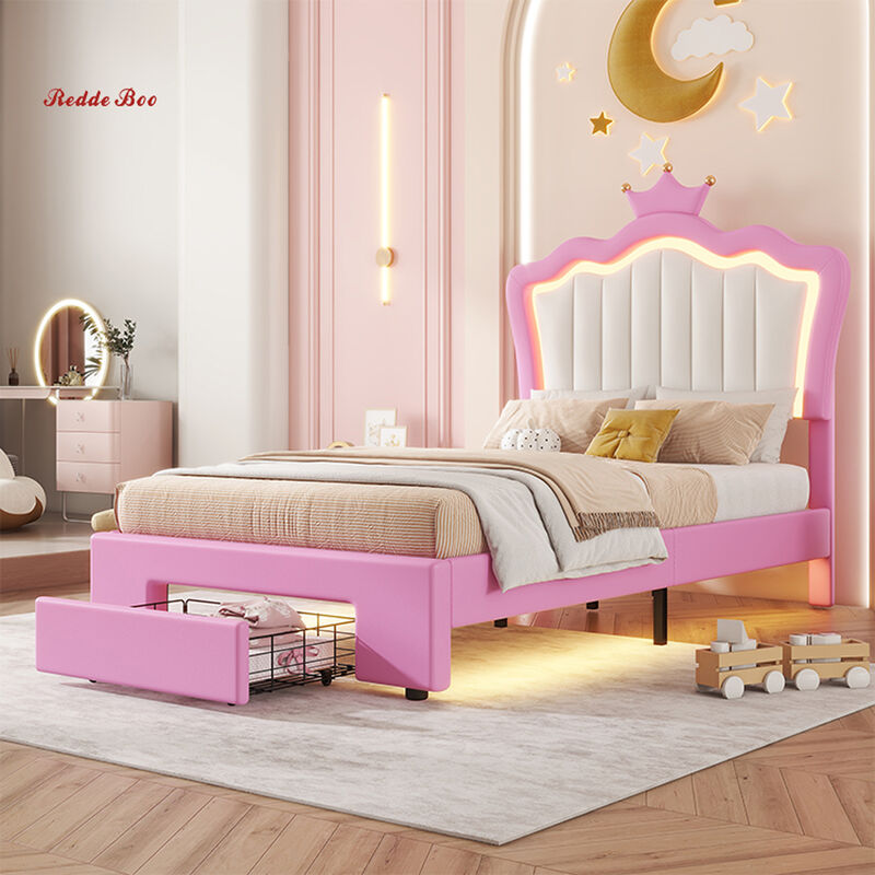 Pink Childrens Princess Bed Furniture With LED Lights Twin Size Pastel Friendly