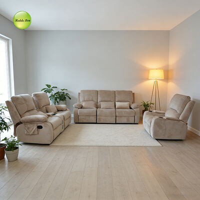 Beige Reclining Sofa Set with Multi-position Adjustable Backrest, Ergonomic Design, and Built-in Storage Pockets for Home Theater