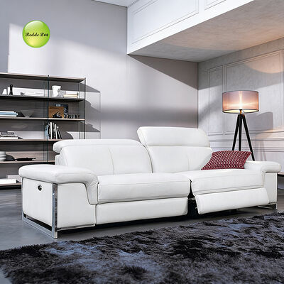 White Leather Power Reclining Sofa: Adjustable Headrest, Metal Base – Ideal for Bright Modern Living Spaces